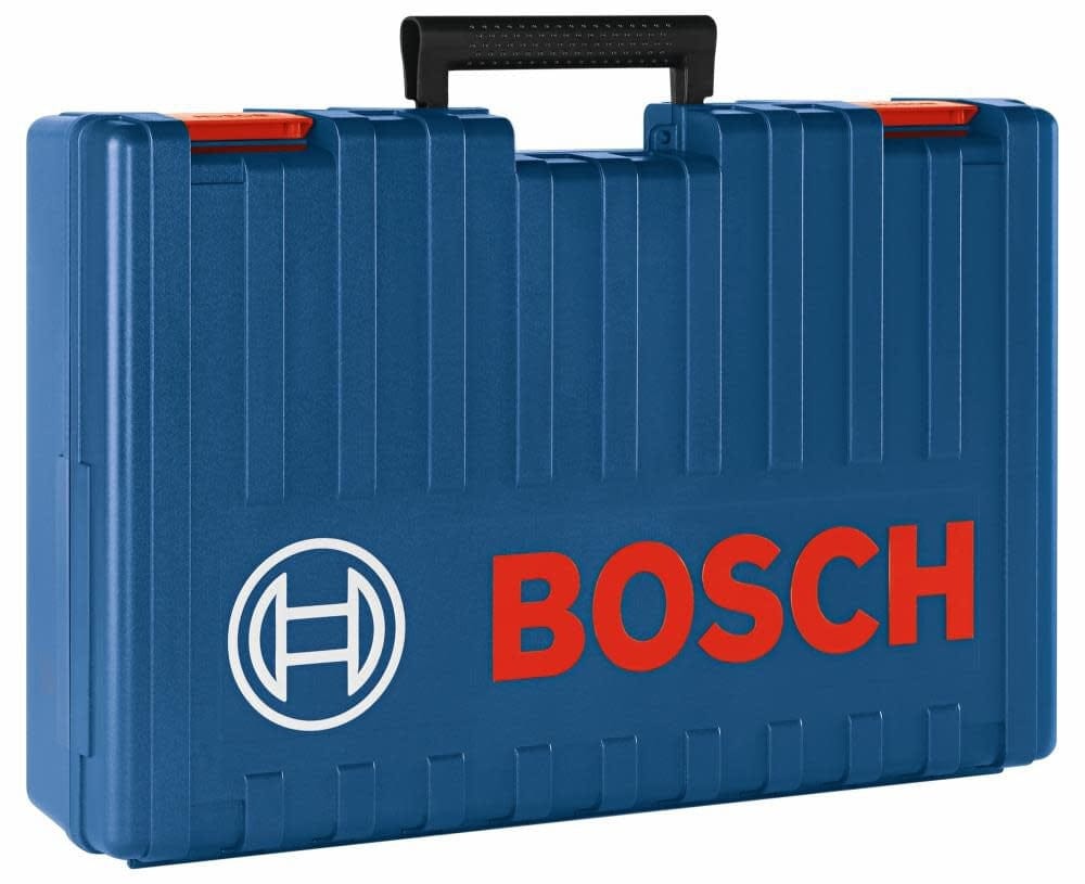 The blue heavy-duty Bosch carrying case with the red and white brand logo, designed for transporting and protecting the demolition hammer and its accessories.