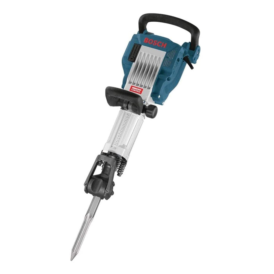The Bosch 11335K 1-1/8 inch hex breaker hammer with an installed star point chisel, showing its blue and silver industrial design and articulating handle.