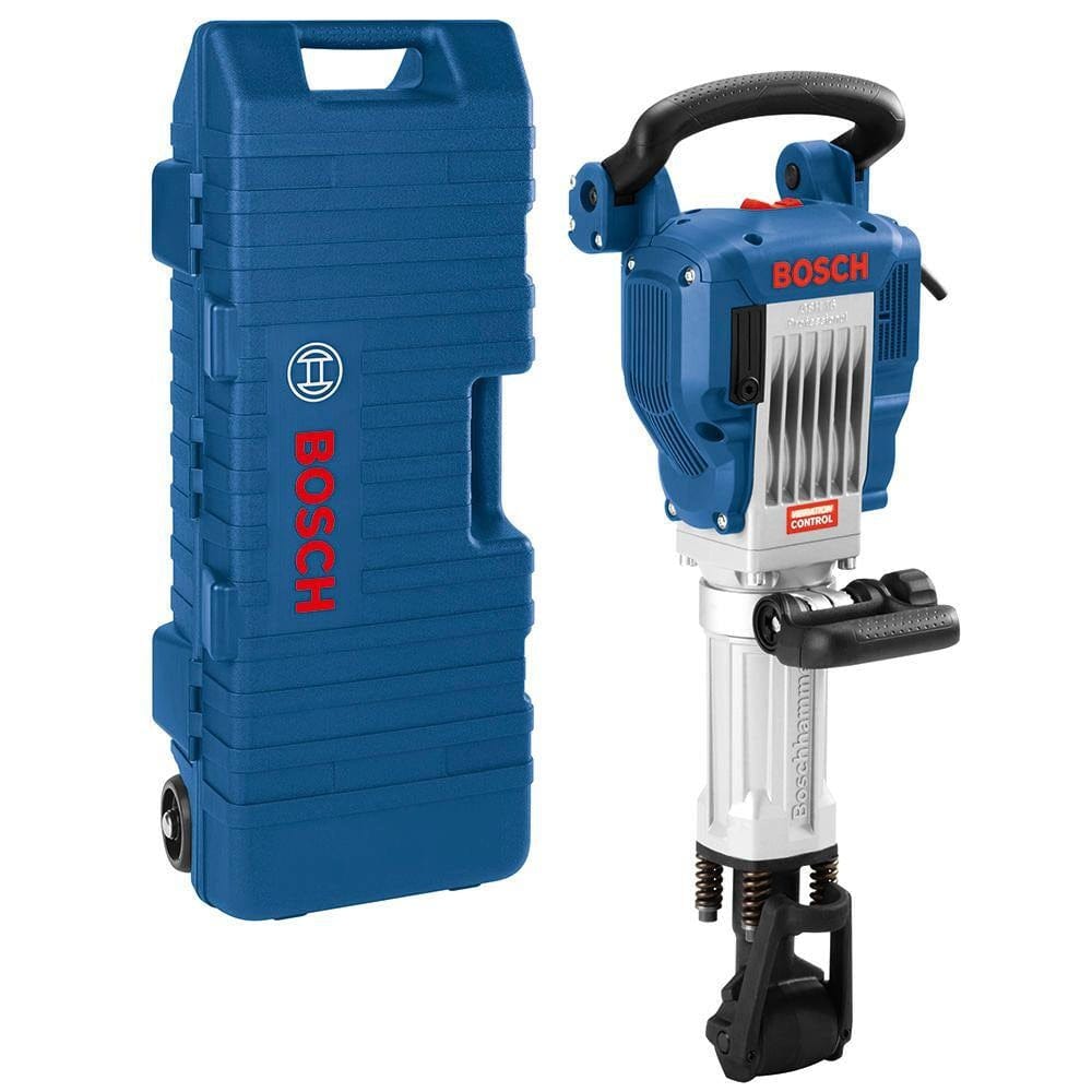 The Bosch breaker hammer kit components, including the 15-amp demolition hammer and its heavy-duty blue carrying case with integrated wheels.