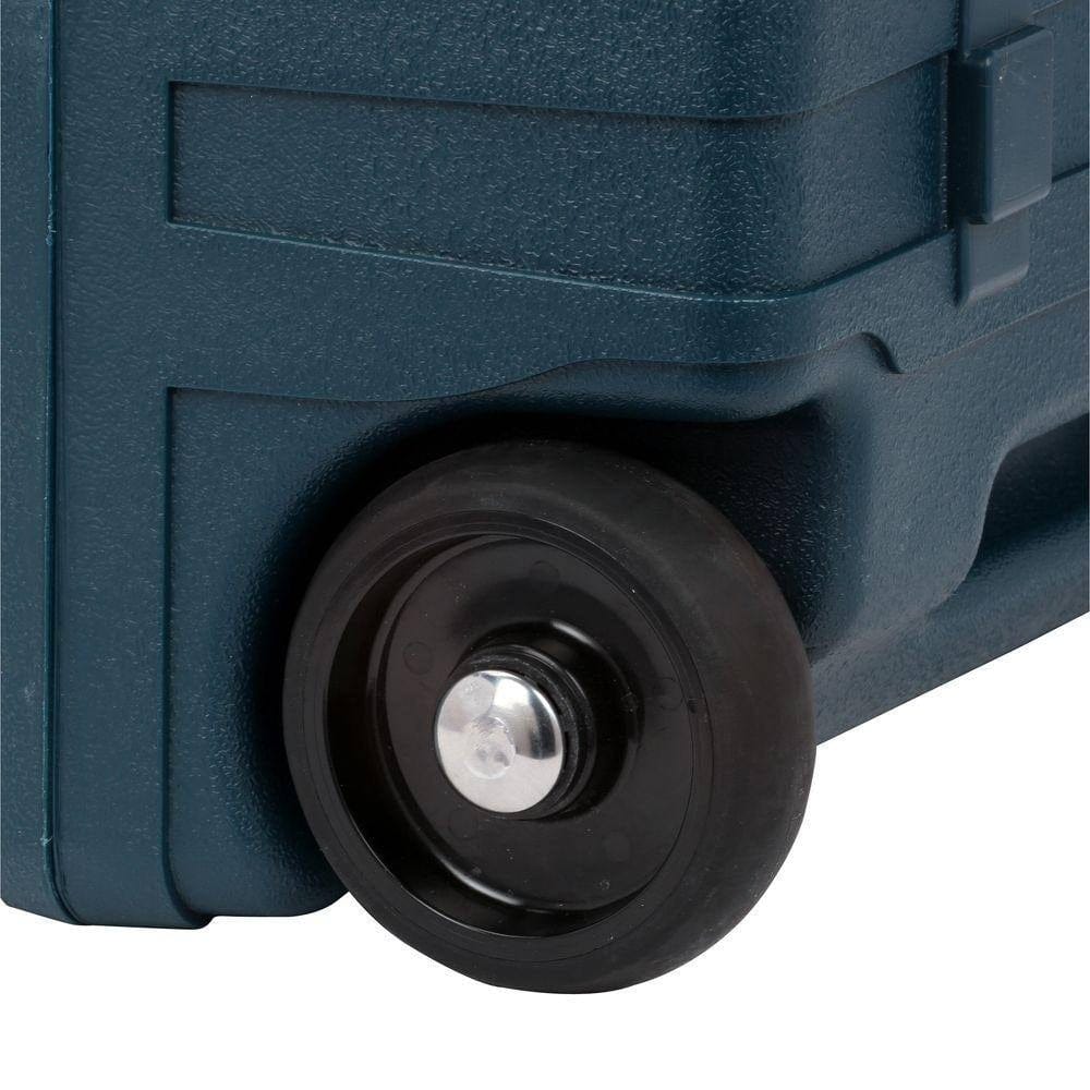Detailed view of the large, heavy-duty black wheel on the base of the blue carrying case for easy transportation.
