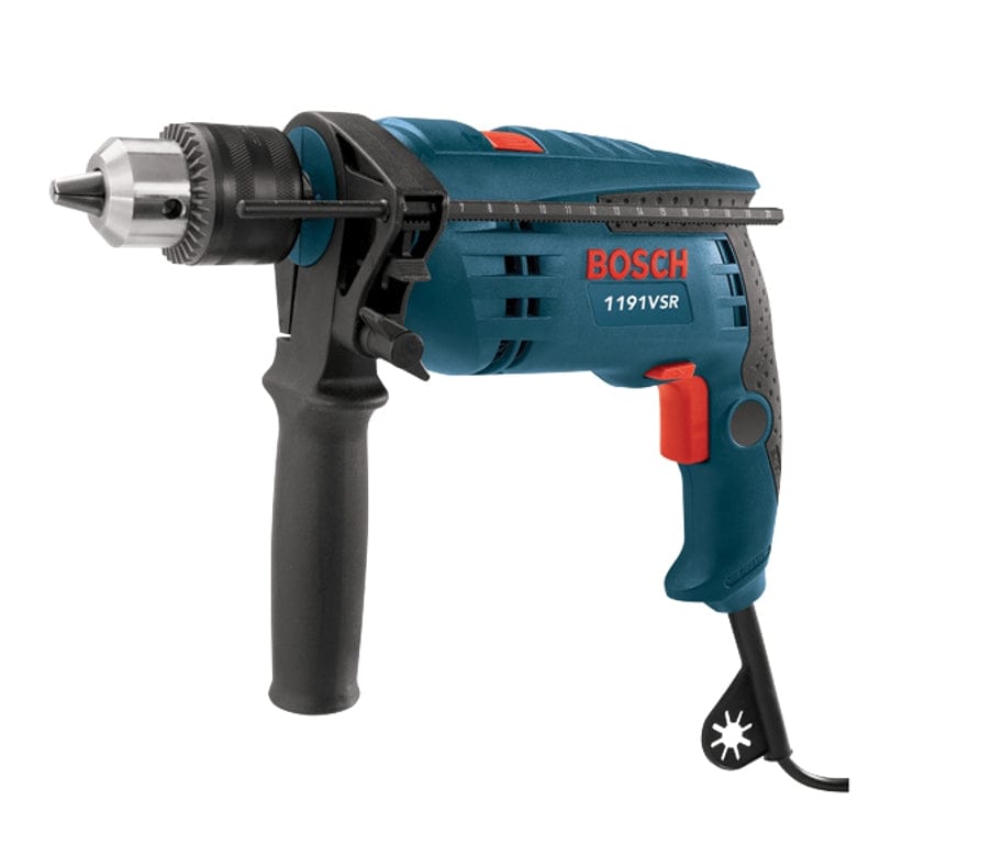 Angled studio view of the Bosch 1191VSRK 1/2 inch hammer drill, highlighting the 3-jaw keyed chuck, the adjustable 360-degree side handle, and the corded power connection.