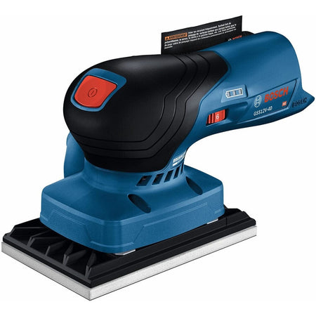 Bosch GSS 18V-10 cordless orbital sander with rectangular pad and top-mounted power button; battery compartment shown.
