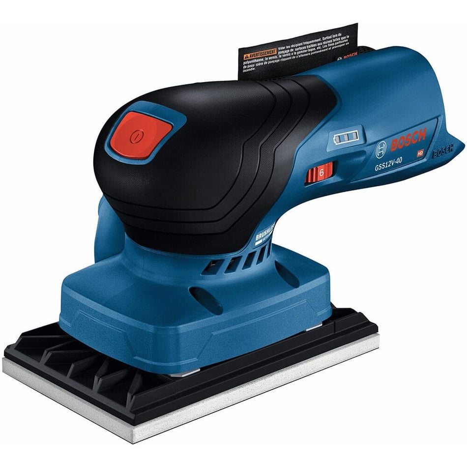 Bosch GSS 18V-10 cordless orbital sander with rectangular pad and top-mounted power button; battery compartment shown.