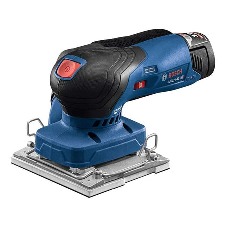 Bosch GSS 18V-10 cordless orbital sander with rectangular sanding pad and ergonomic grip; battery compartment visible.
