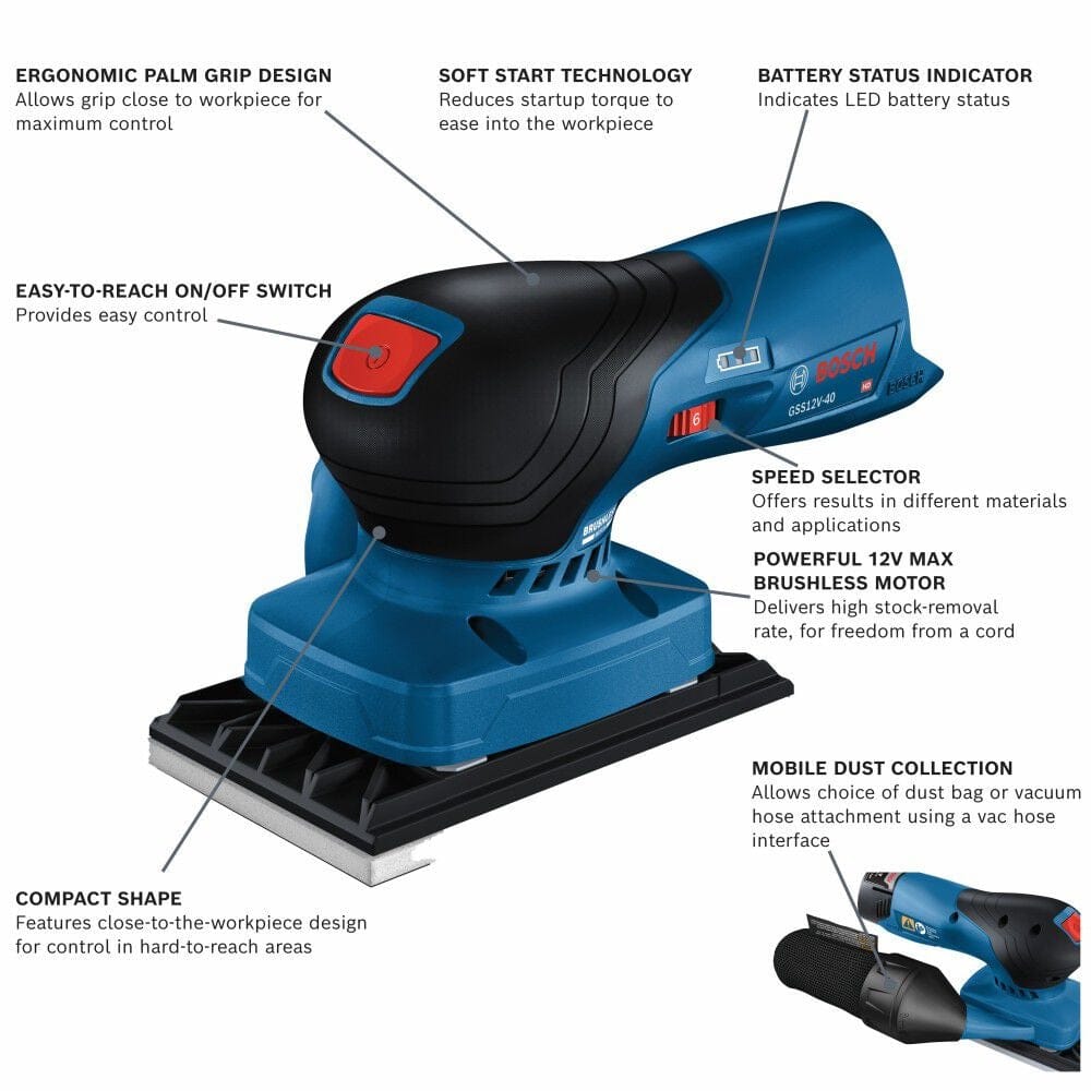 Labeled Bosch GSS12V-40 sander highlighting ergonomic grip, speed selector, dust collection, and brushless motor features.