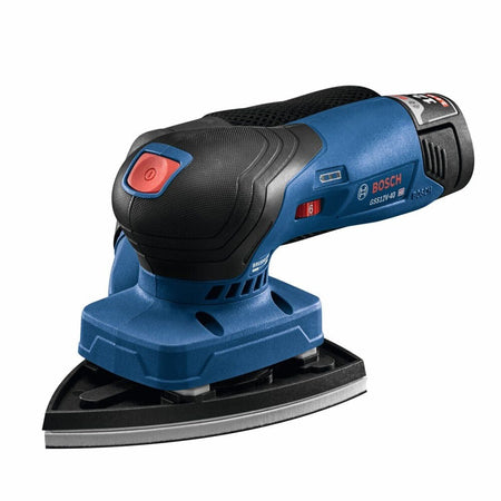 Bosch GSS 18V-10 cordless orbital sander with triangular sanding pad; ergonomic grip and red switch visible.