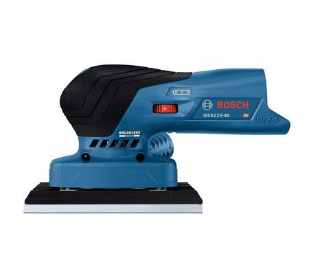 Bosch GSS12V-40 cordless orbital sander with brushless motor and battery indicator; compact design with textured grip.