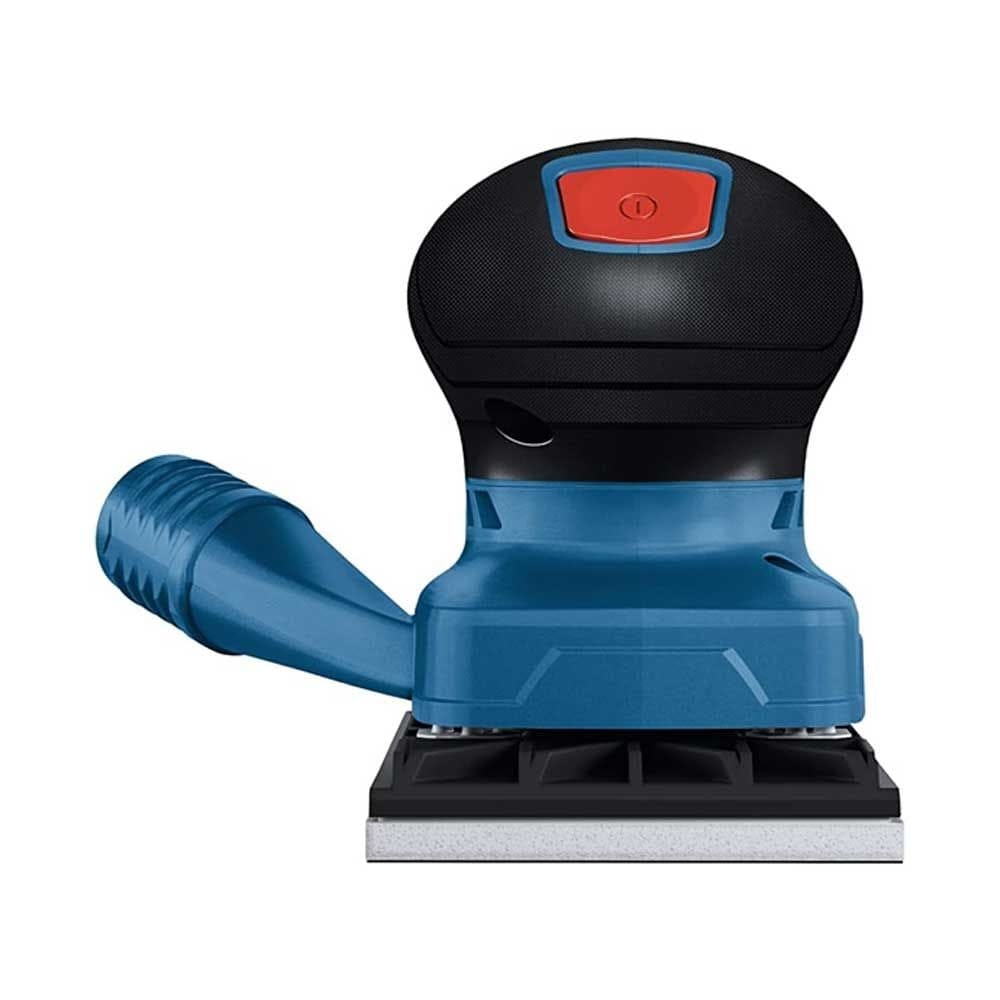 Bosch hand sander with white sanding sheet on rectangular pad; red power button and dust port visible on side.