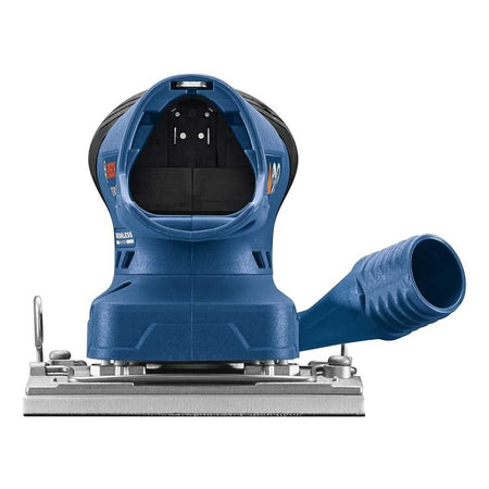 Front view of Bosch sheet orbital sander with dust port and clamps for securing sandpaper; rectangular pad shown.