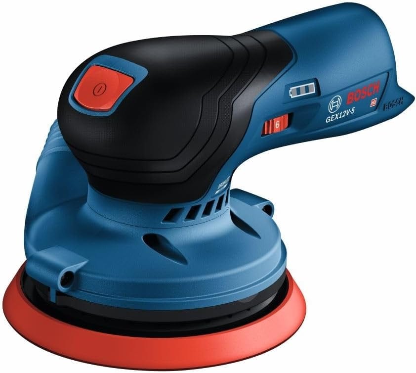 Bosch GEX12V-5 cordless sander with red pad, speed dial, and compact body; branding and model info clearly displayed.