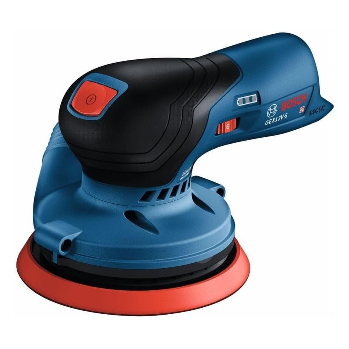 Bosch GEX12V-5 cordless sander with red pad, speed dial, and compact body; branding and model info clearly displayed.
