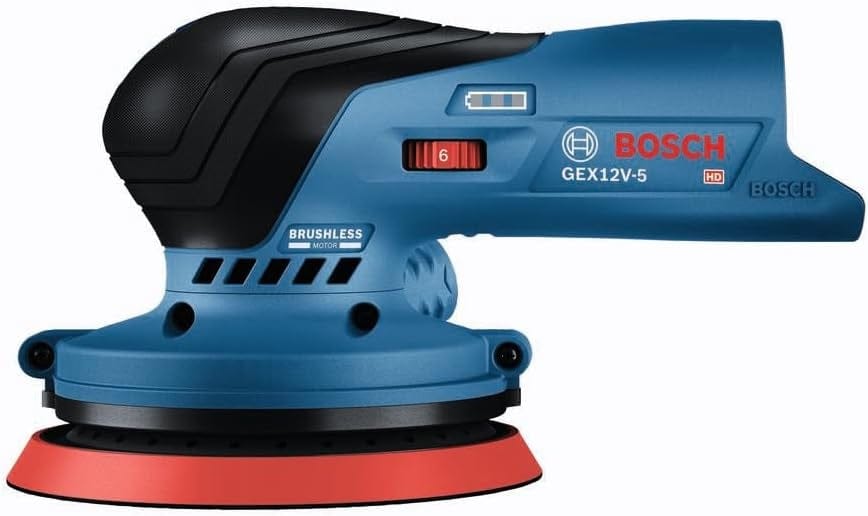 Bosch GEX12V-5 cordless sander with red sanding pad and speed dial; brushless motor and model label visible.