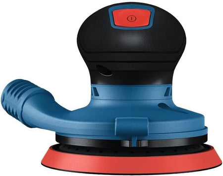 Handheld electric random orbital sander with red power button and dust port; round sanding pad shown at base.