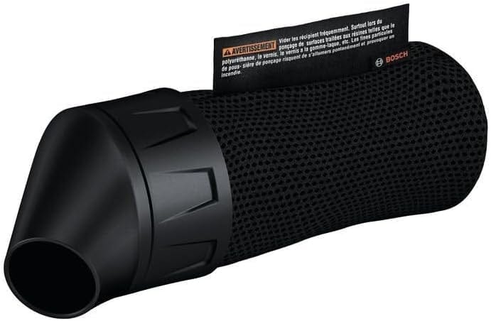 Bosch dust extraction nozzle with textured black surface and conical shape; warning label visible on top section.