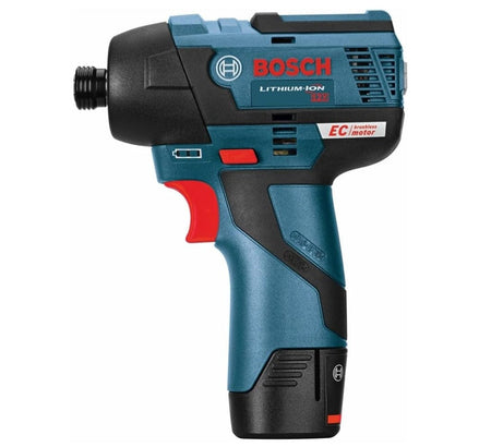 Left side profile view of the Bosch PS42N impact driver showing the battery slot, side vents, and red forward and reverse toggle switch.