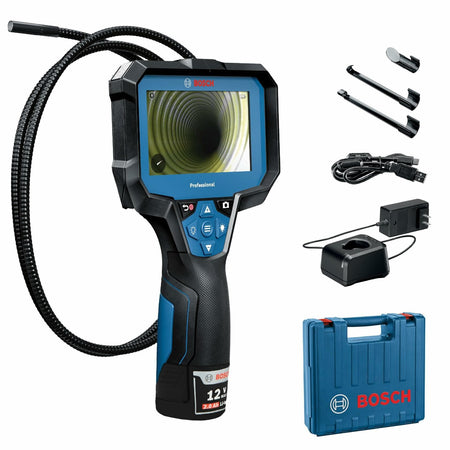 The complete Bosch GIC4-23C inspection camera kit, including the tool, 12V battery, charger, USB cable, hook, magnet, and mirror attachments, and the blue hard carrying case.