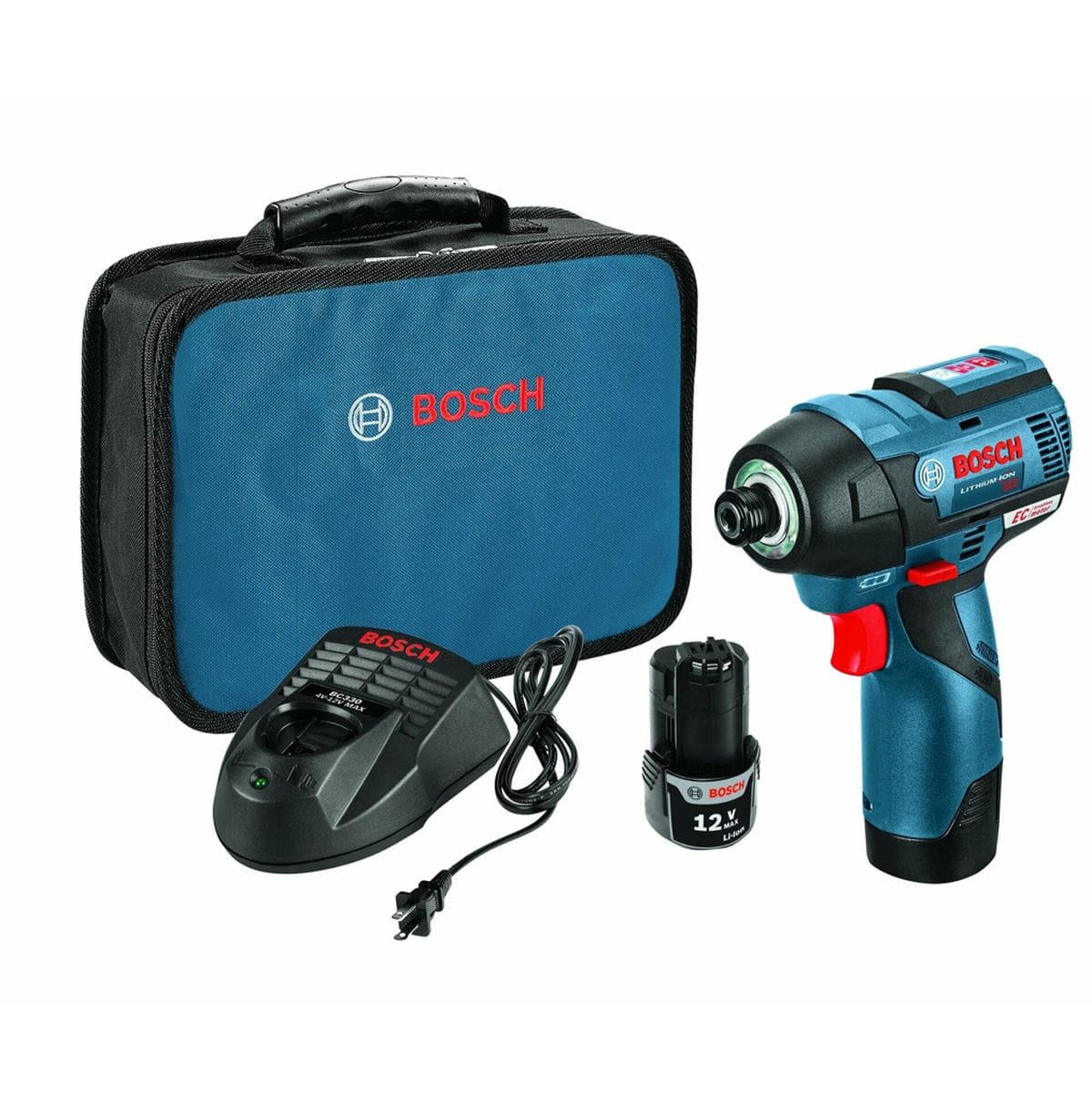 The Bosch 12V Max impact driver kit, showing the tool, two batteries, a charger, and the blue soft carrying bag.
