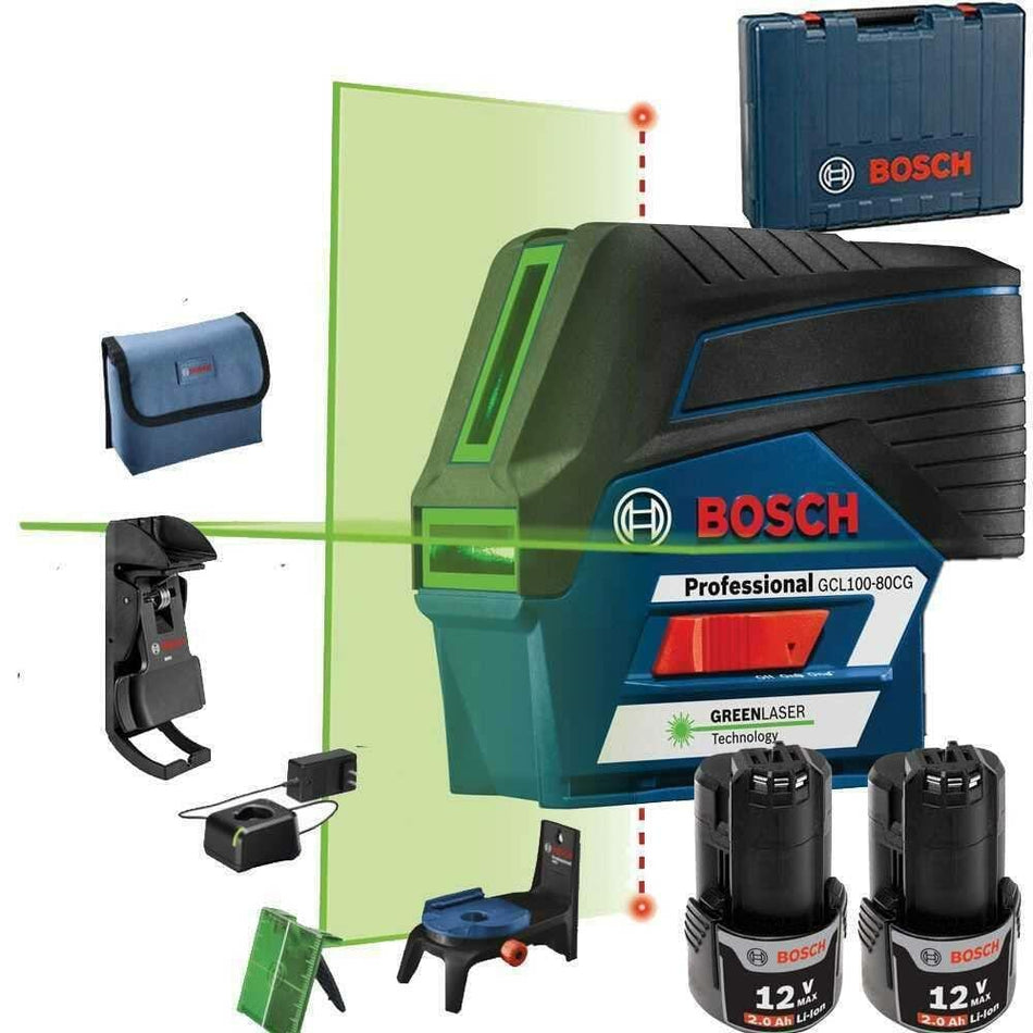 Bosch GCL100-80CG laser level kit with green laser device, two 12V batteries, charger, mount, target plate, tripod, pouch, and hard case for jobsite use.