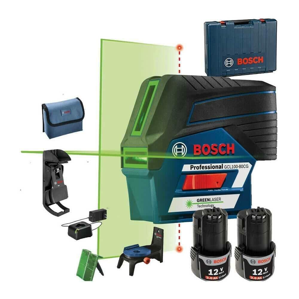Bosch GCL100-80CG laser level kit with green laser device, two 12V batteries, charger, mount, target plate, pouch, and case for professional alignment work.