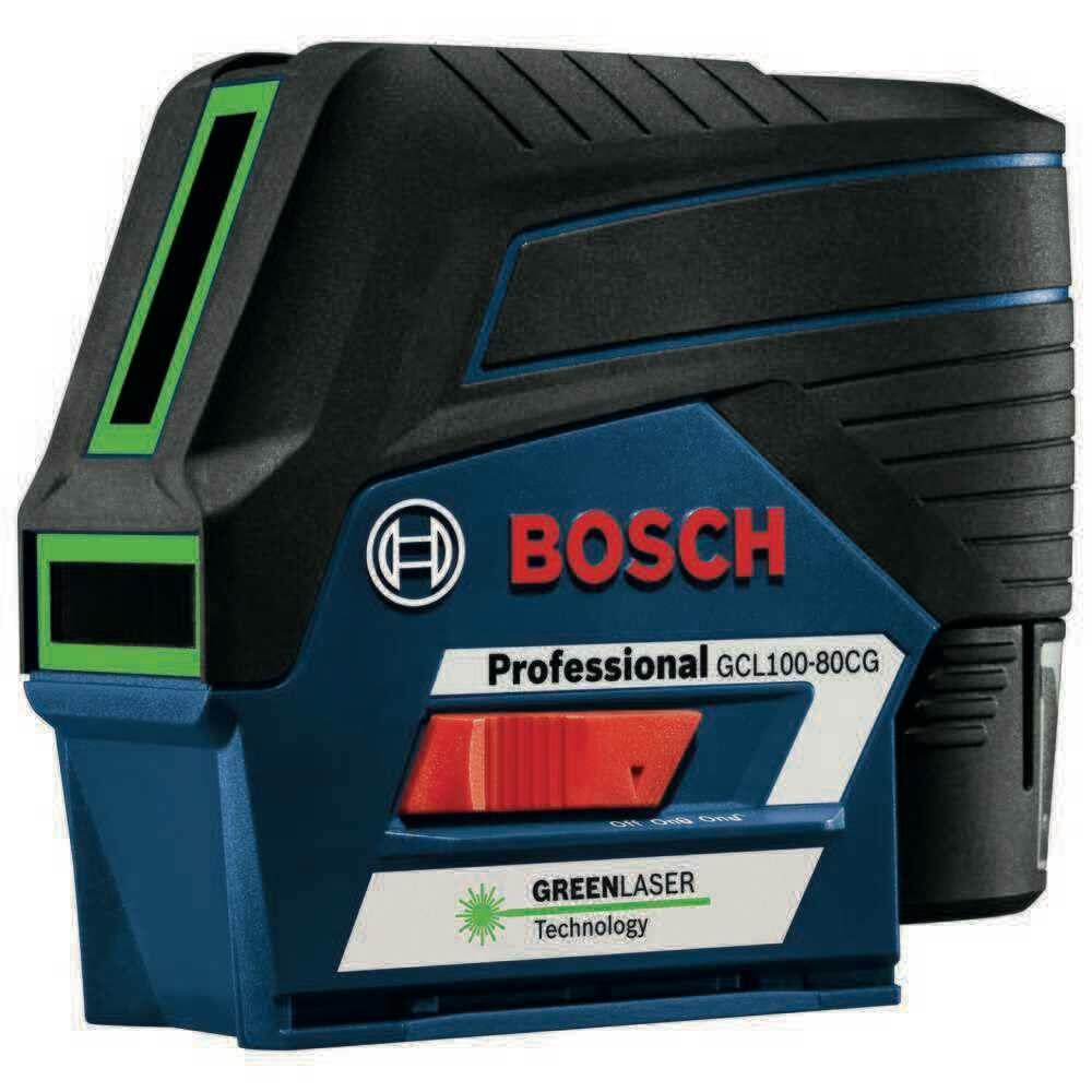 Bosch GCL100-80CG laser level with green laser label and red switch, designed for durable performance and visibility in construction and carpentry tasks.