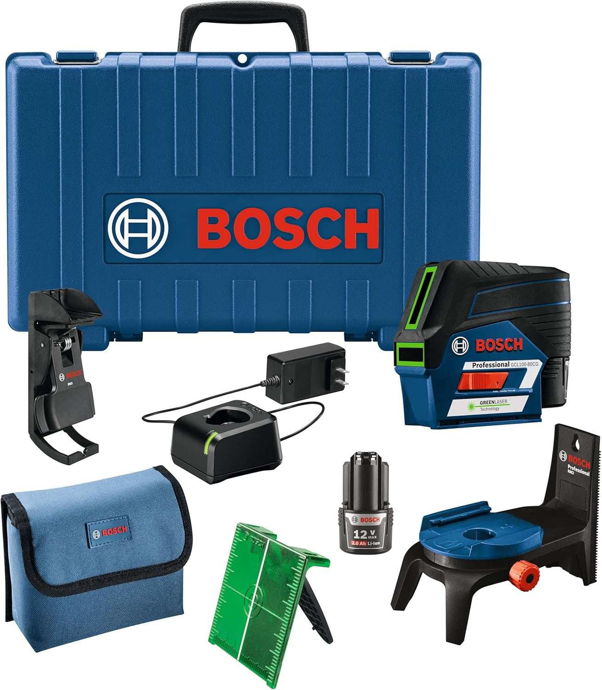 Bosch laser level kit includes GCL 2-15 G device, hard case, charger, battery, mount, green target plate, and pouch for portable leveling and alignment.