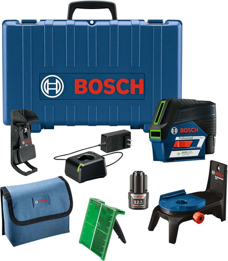 Bosch laser level kit includes GCL 2-15 G device, hard case, charger, battery, mount, green target plate, and pouch for portable leveling and alignment.