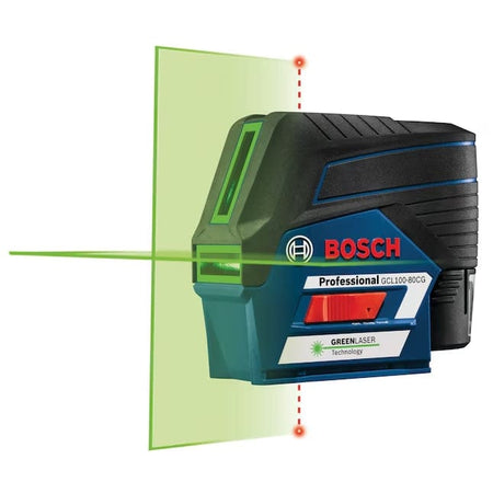 Bosch GCL100-80CG laser level emits green horizontal and vertical beams, labeled with model number and branding for professional-grade visibility and accuracy.