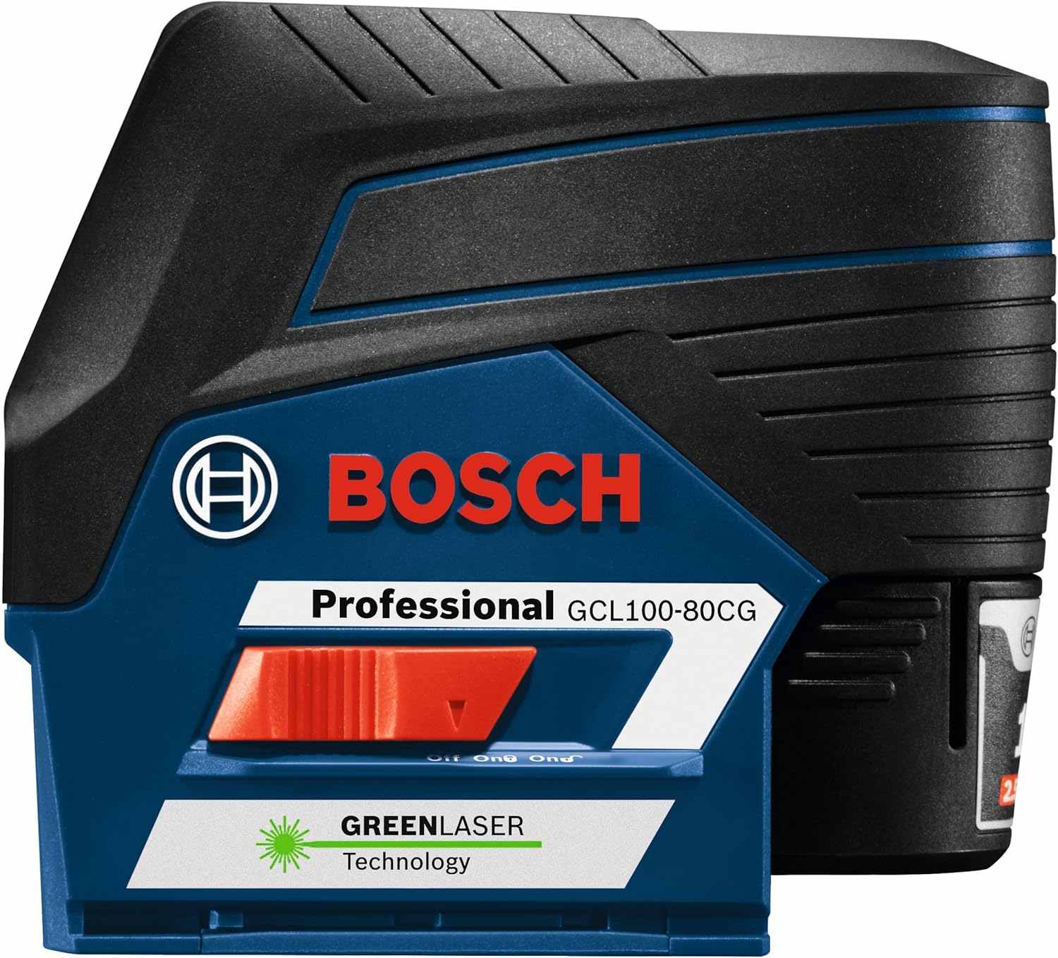 Close-up of Bosch GCL100-80CG laser level with green laser label, red switch, and compact design for precise leveling and alignment in construction projects.