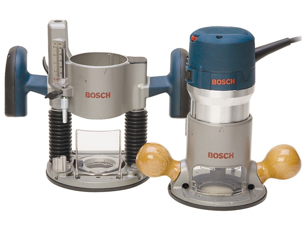 Bosch plunge and fixed base routers side by side; plunge base includes depth gauge and spring-loaded columns.
