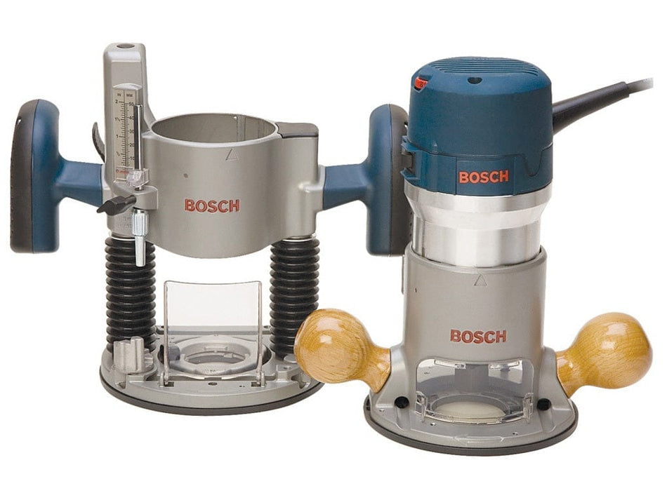 Bosch plunge and fixed base routers side by side; plunge base includes depth gauge and spring-loaded columns.