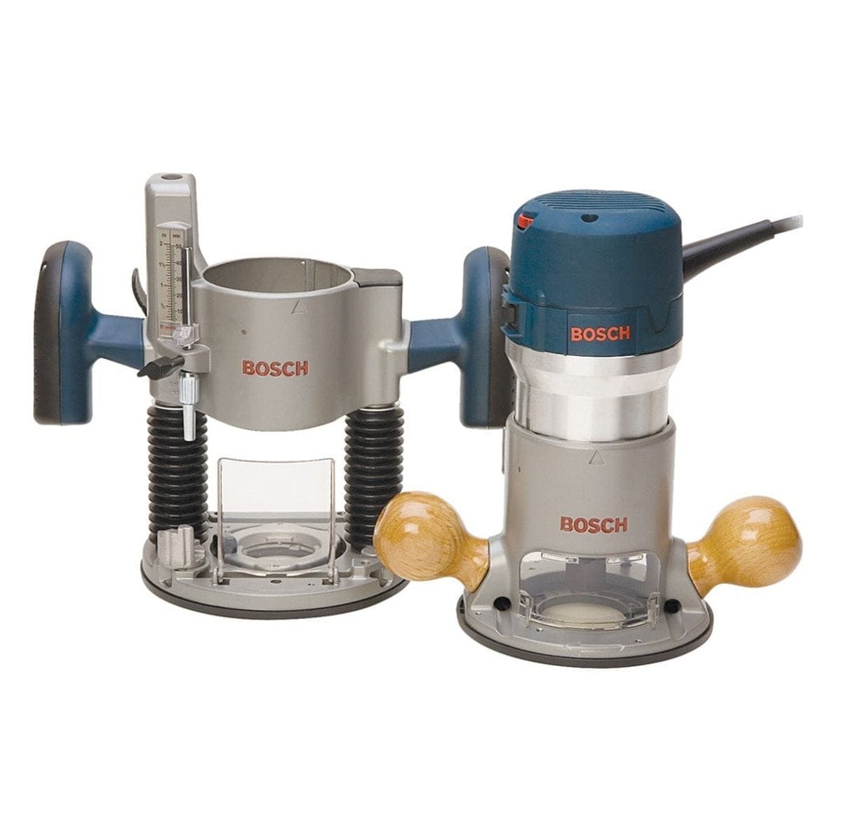 Bosch plunge and fixed base routers side by side; plunge base includes depth gauge and spring-loaded 