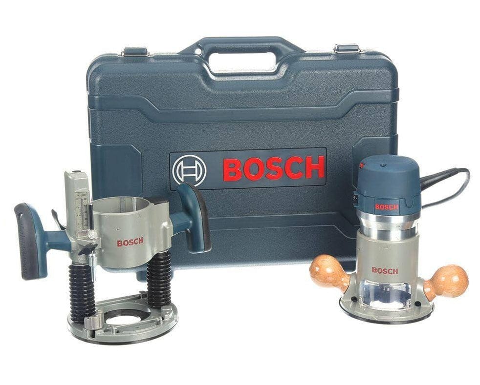 Bosch router kit with plunge and fixed bases next to dark gray carrying case with red Bosch logo.