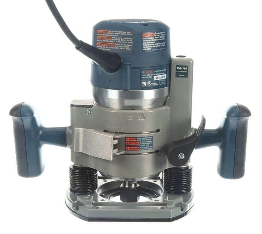 Plunge router with dual handles and depth adjustment lever positioned on wood surface; labels visible on motor housing.