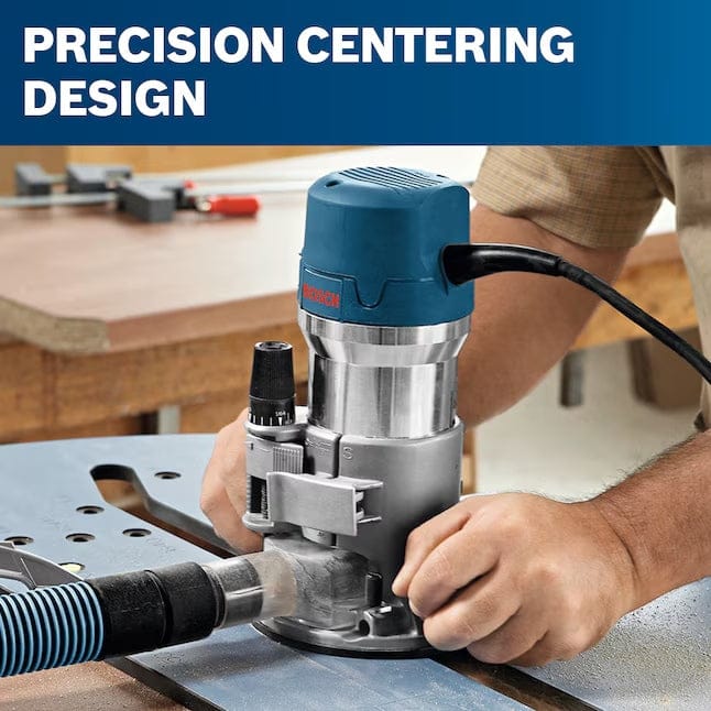 Bosch router guided along metal surface with vacuum hose attached; text highlights precision centering design.