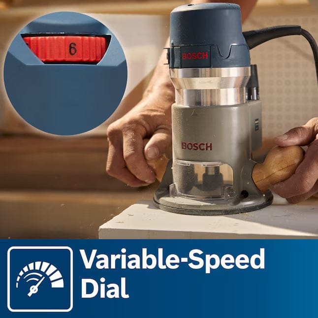 Bosch router in use on wood surface; inset shows variable-speed dial set to 6 with speedometer icon.