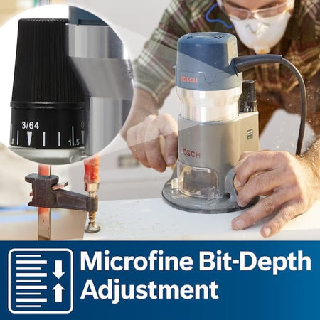 Person using Bosch router with microfine bit-depth adjustment dial; inset highlights precision depth control feature.