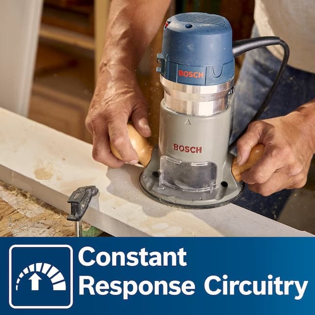 Person using Bosch handheld router to shape wood edge; promotional text highlights Constant Response Circuitry feature.