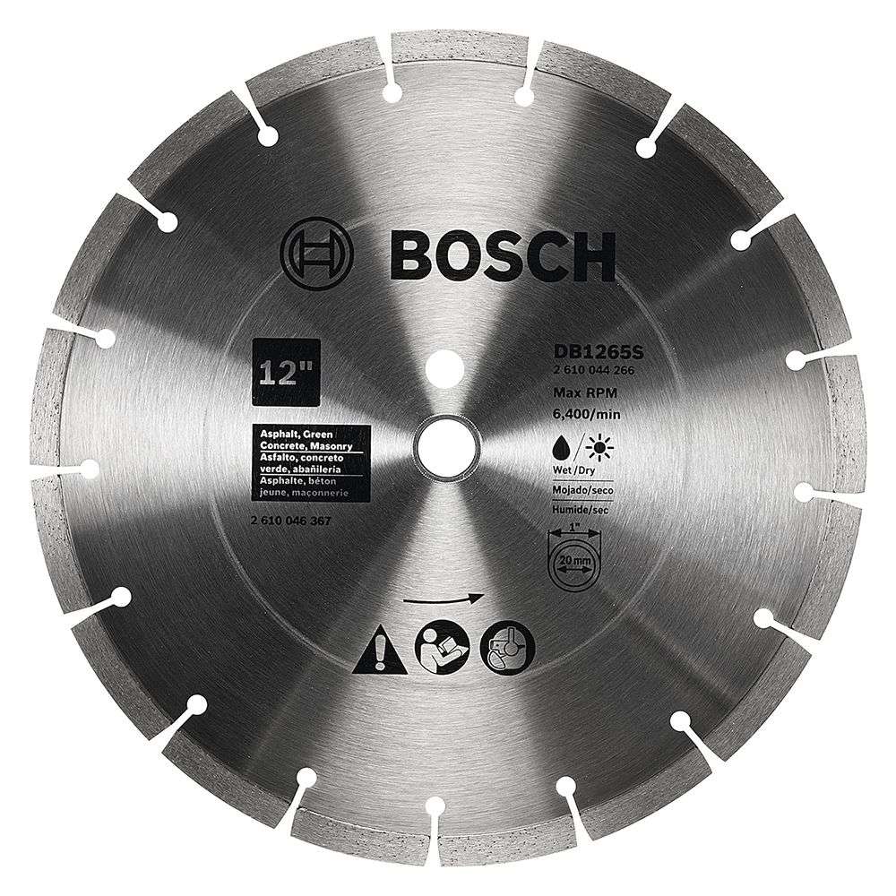 Close-up of Bosch DB1265S 12-inch segmented diamond blade labeled for cutting asphalt, green concrete, masonry, and stone with wet or dry use.