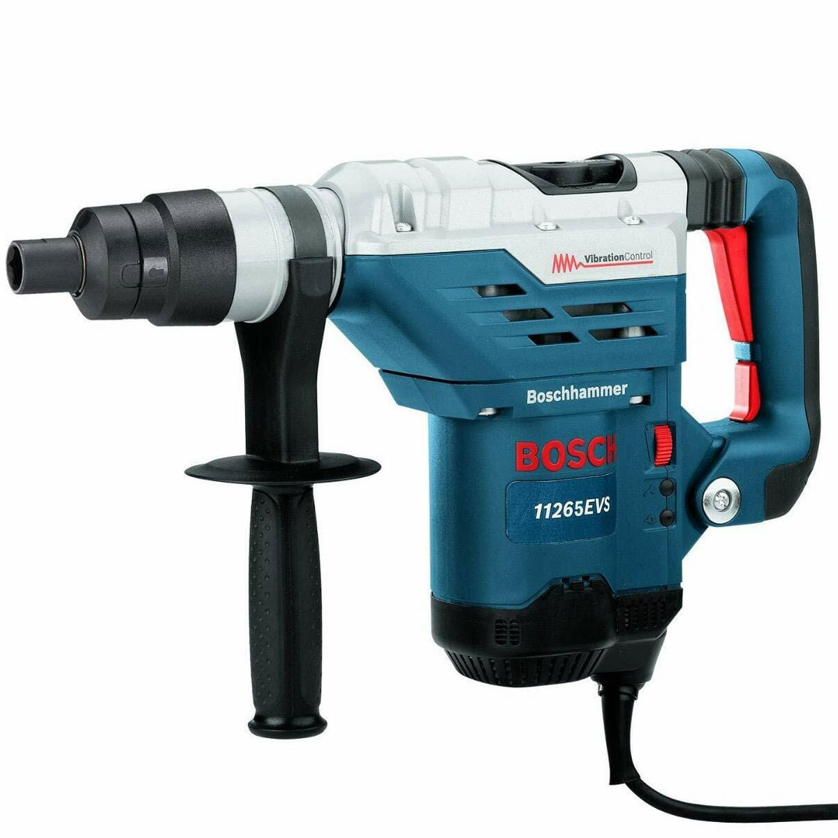 Studio shot of the Bosch 11265EVS 13 Amp Spline Combination Rotary Hammer Drill featuring blue housing, silver hammer mechanism, black auxiliary handle, and ergonomic main handle with Vibration Control technology