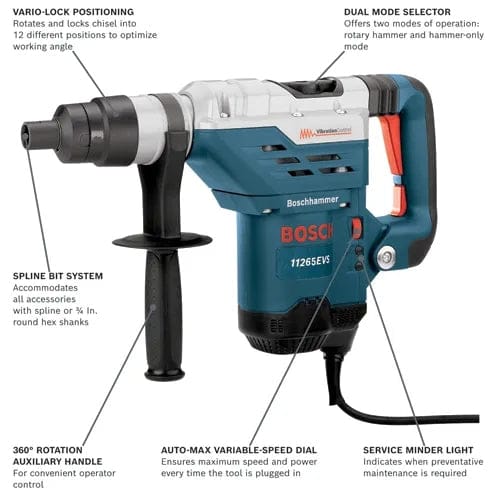 Diagram of the Bosch 11265EVS Spline Combination Hammer with callouts labeling its key features, including Vario-Lock positioning, Dual Mode Selector, 360-degree auxiliary handle, Auto-Max variable-speed dial, and Service Minder light