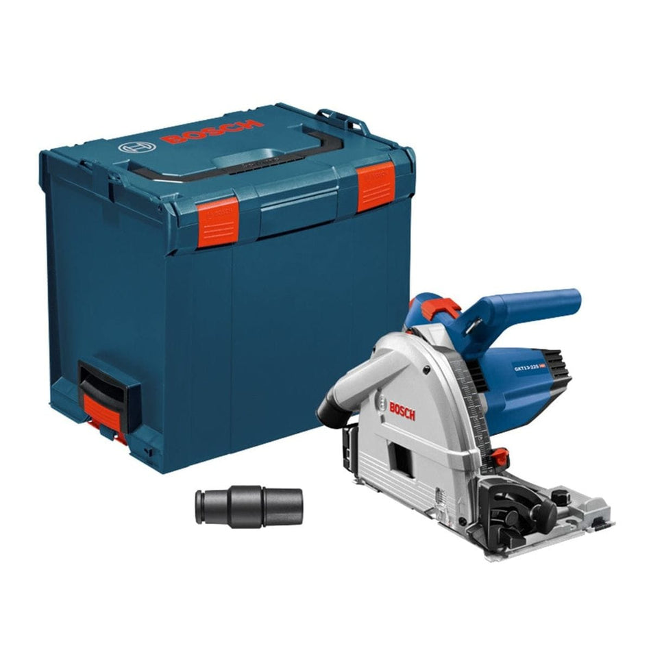 Bosch GKT13-225 track saw kit with saw, blue and red L-Boxx carrying case, and black vacuum hose adapter, arranged for transport and storage.