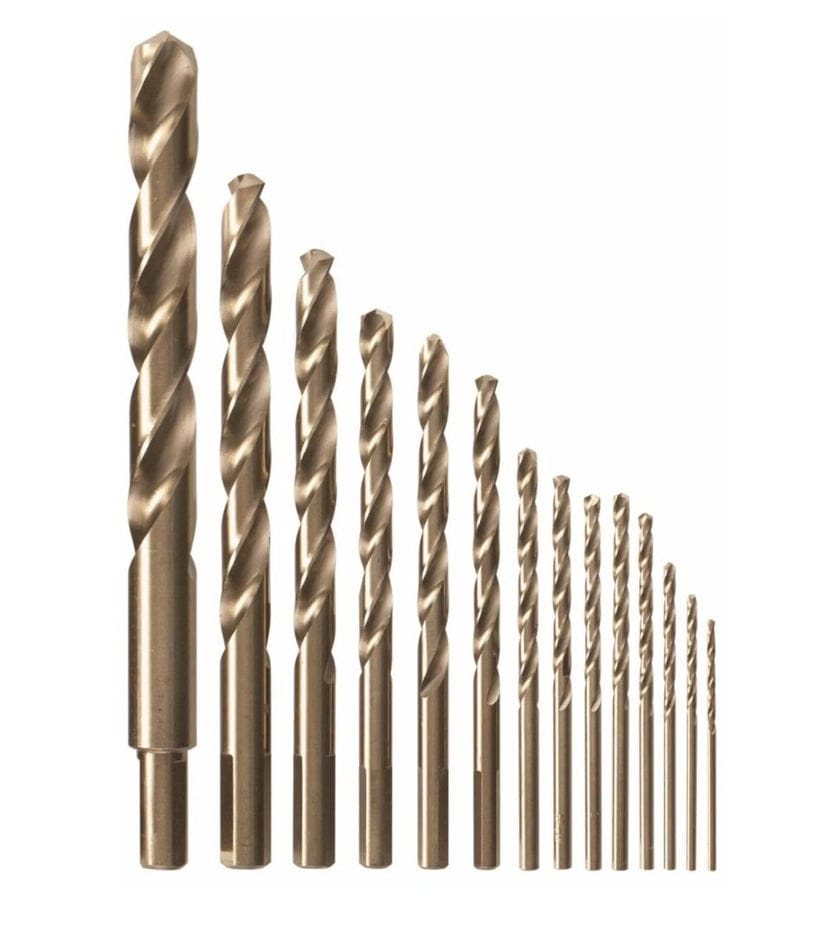 Studio view of the Bosch CO14B drill bit set arranged by size, from largest to smallest, showing the gold-tone cobalt finish.