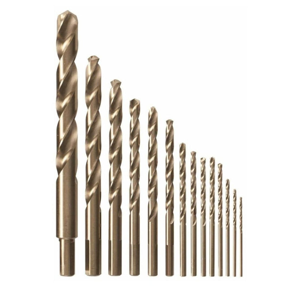 Studio view of the Bosch CO14B drill bit set arranged by size, from largest to smallest, showing the gold-tone cobalt finish.