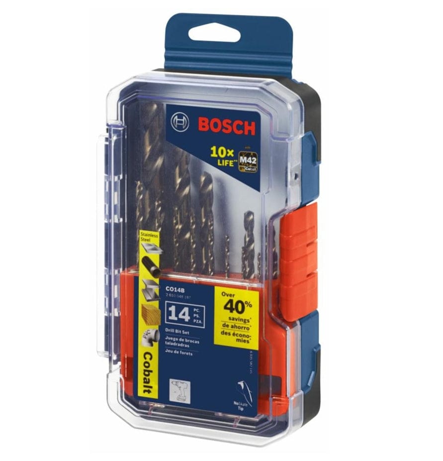 Retail packaging for the 14-piece cobalt drill bit set in a hard plastic case, displaying features like 10x life, M42 alloy with 8% cobalt, and stainless steel application.