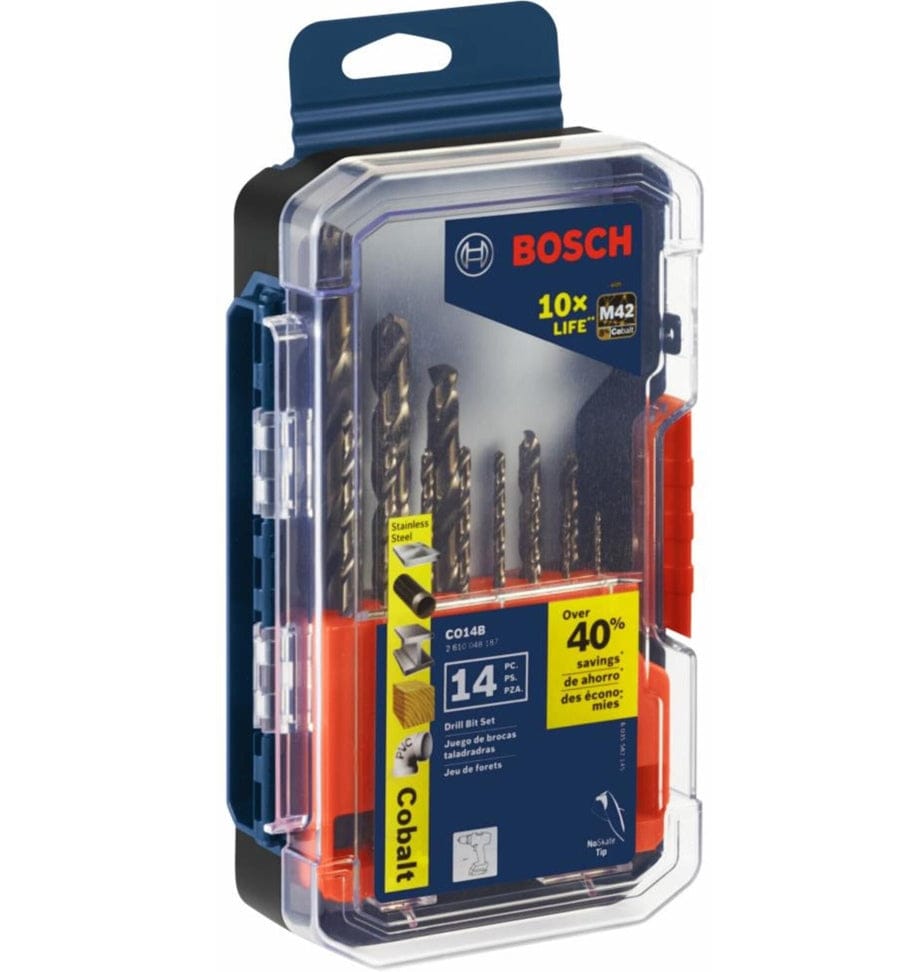 Angled view of the retail packaging showing the drill bits organized inside the clear-front plastic case with a secure latch.