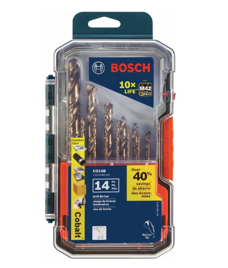 Front view of the 14-piece drill bit set inside its storage case, clearly showing the range of bit sizes and the "Cobalt" branding on the yellow label.