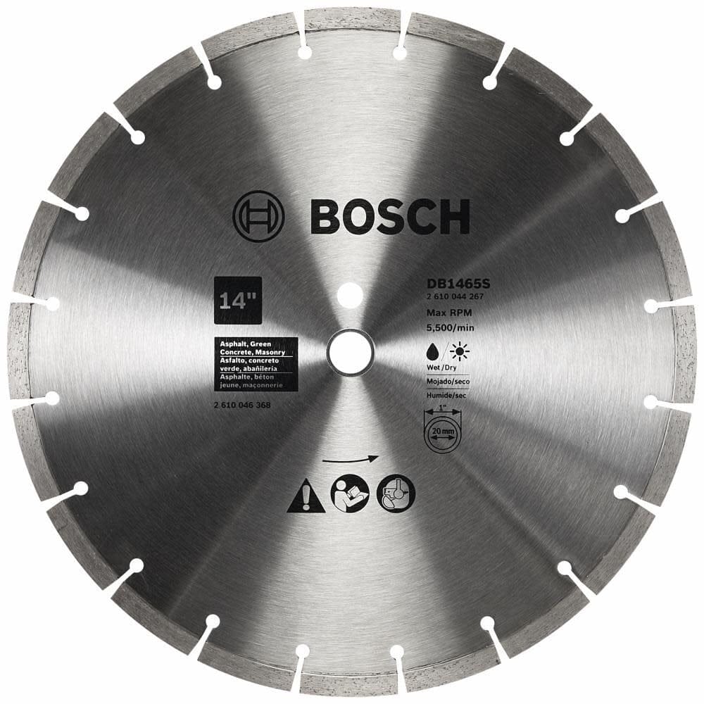 Close-up of Bosch DB1465S segmented diamond blade showing product specifications including 14-inch diameter, 20 mm arbor, and suitability for wet or dry cutting of soft materials.