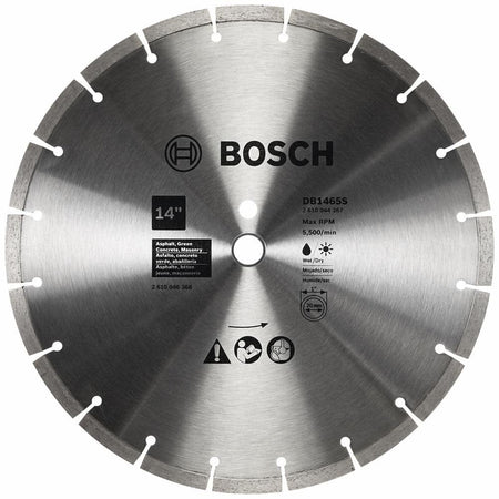 Close-up of Bosch DB1465S segmented diamond blade showing product specifications including 14-inch diameter, 20 mm arbor, and suitability for wet or dry cutting of soft materials.