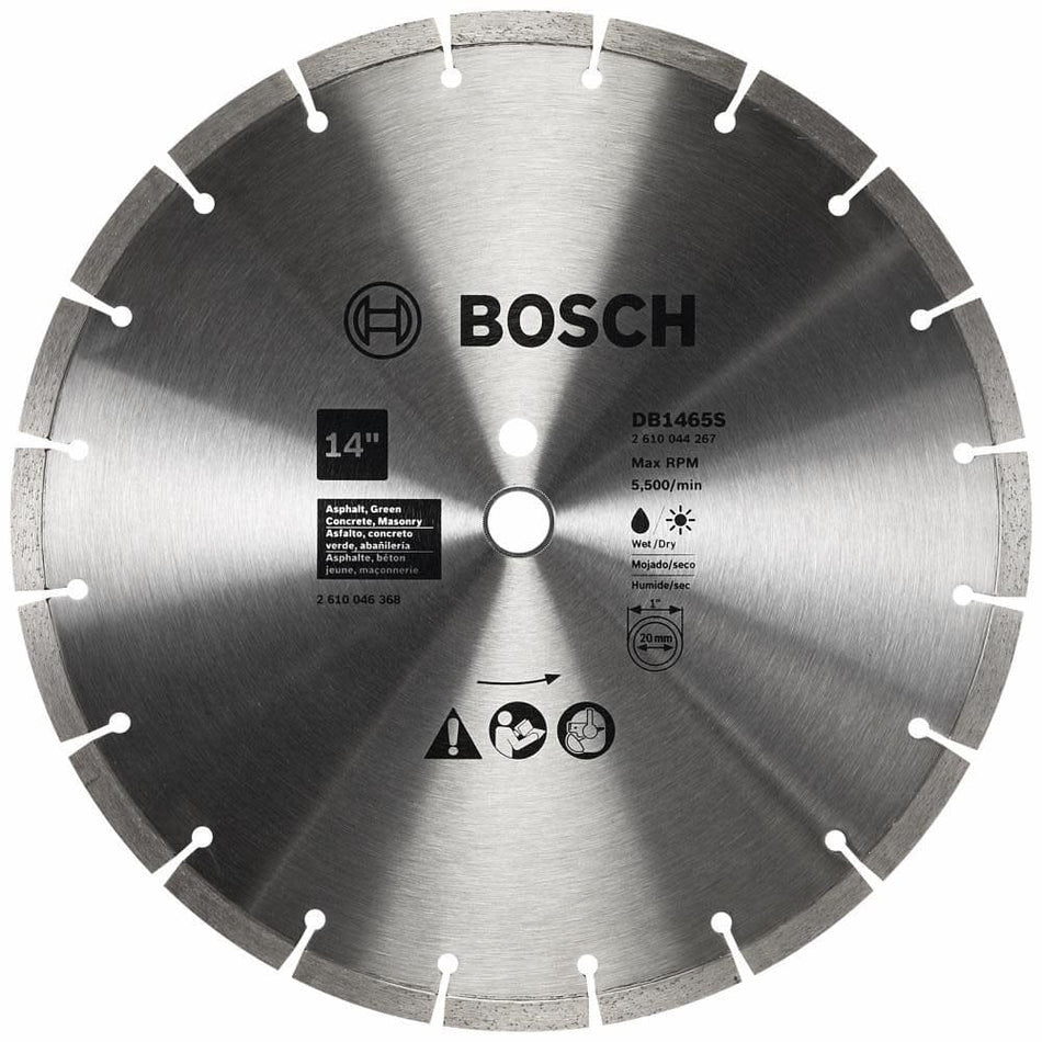 Close-up of Bosch DB1465S segmented diamond blade showing product specifications including 14-inch diameter, 20 mm arbor, and suitability for wet or dry cutting of soft materials.