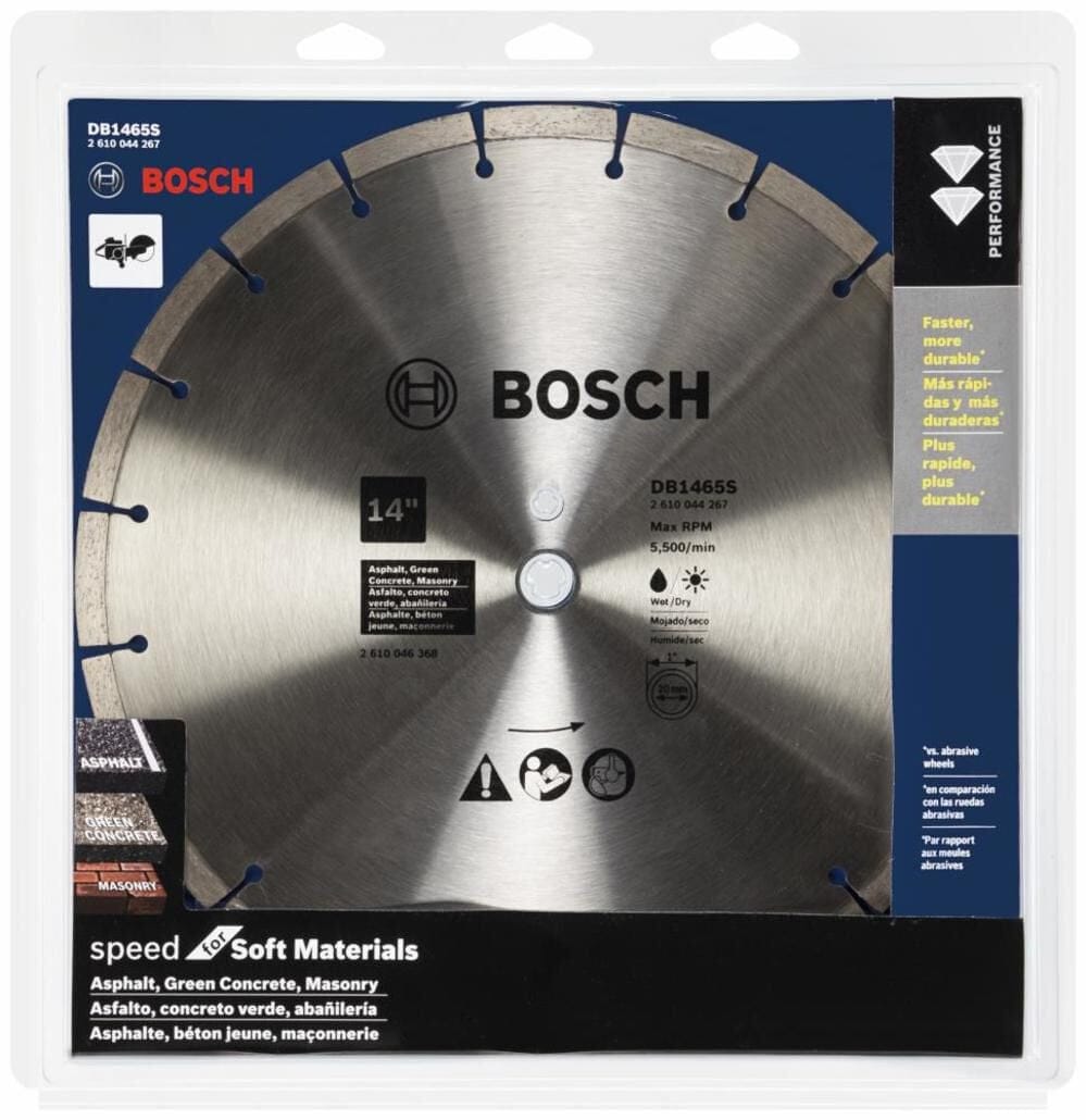 Front packaging of Bosch DB1465S 14-inch segmented diamond blade highlighting its compatibility with asphalt, green concrete, and masonry, and promoting faster, longer-lasting performance.